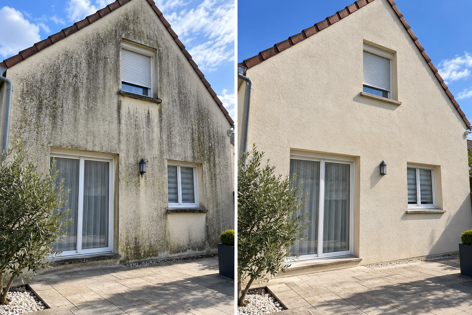 Façade nettoyée — mousses et coulures éliminées